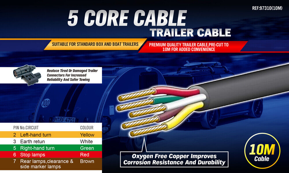 Durable 10M X 5 Core Wire Cable with Oxygen-Free Copper Conductor and Black PVC Sheath for Trailers and Caravans