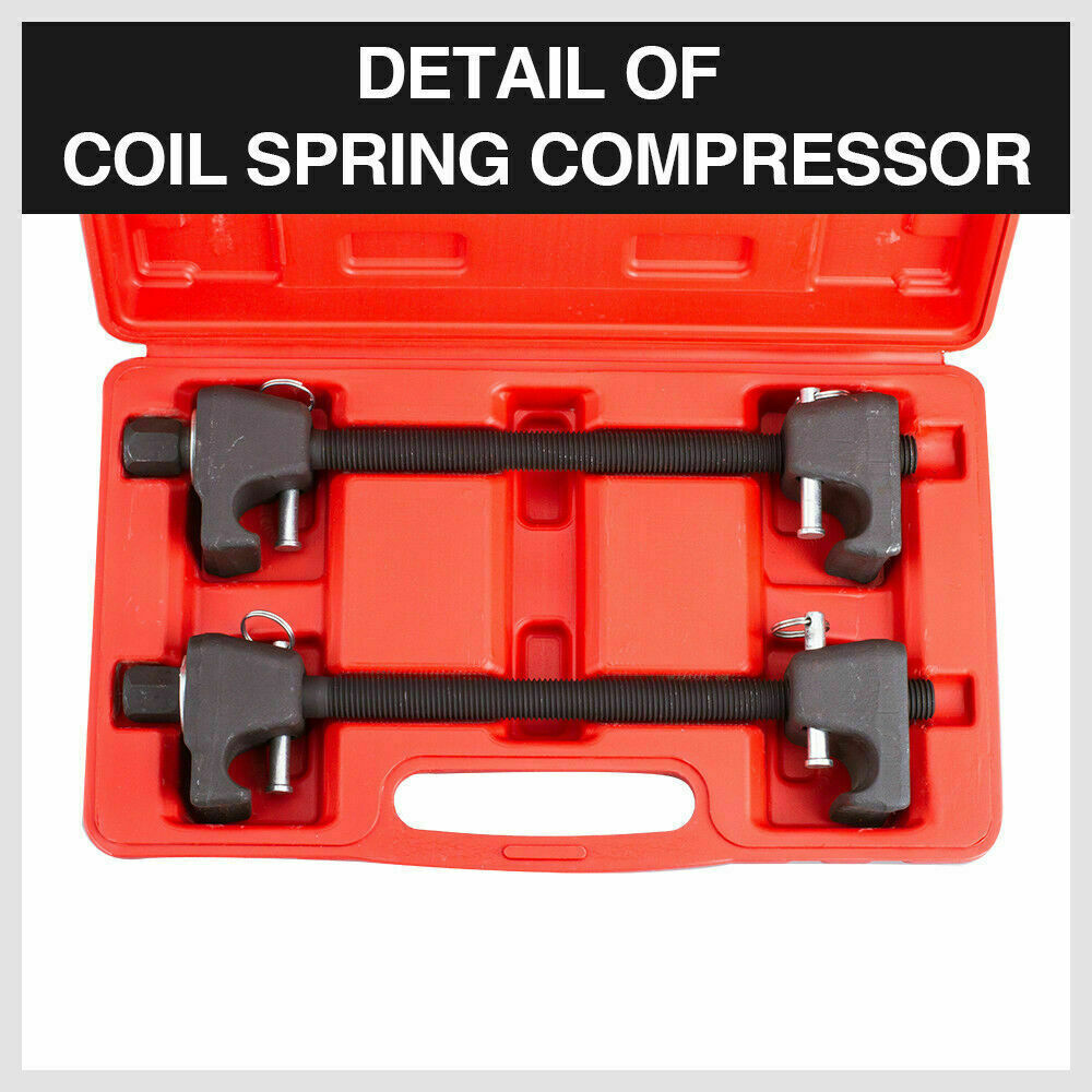 Heavy-duty coil spring compressor set for car and truck shock absorber replacement with storage case.