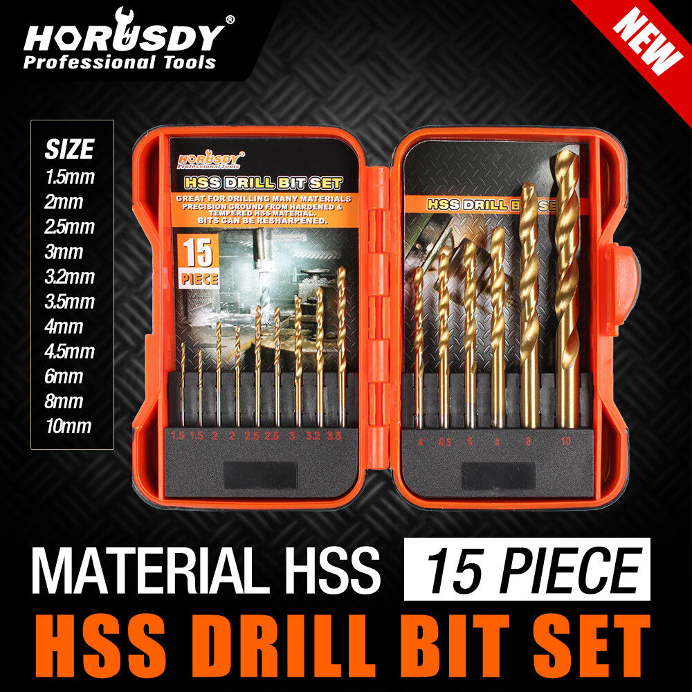 Comprehensive 45-Piece HSS Drill Bit Set, including 15 Metal, 15 Wood, and 15 Concrete Drill Bits in Various Sizes, with a Sturdy Carrying Case