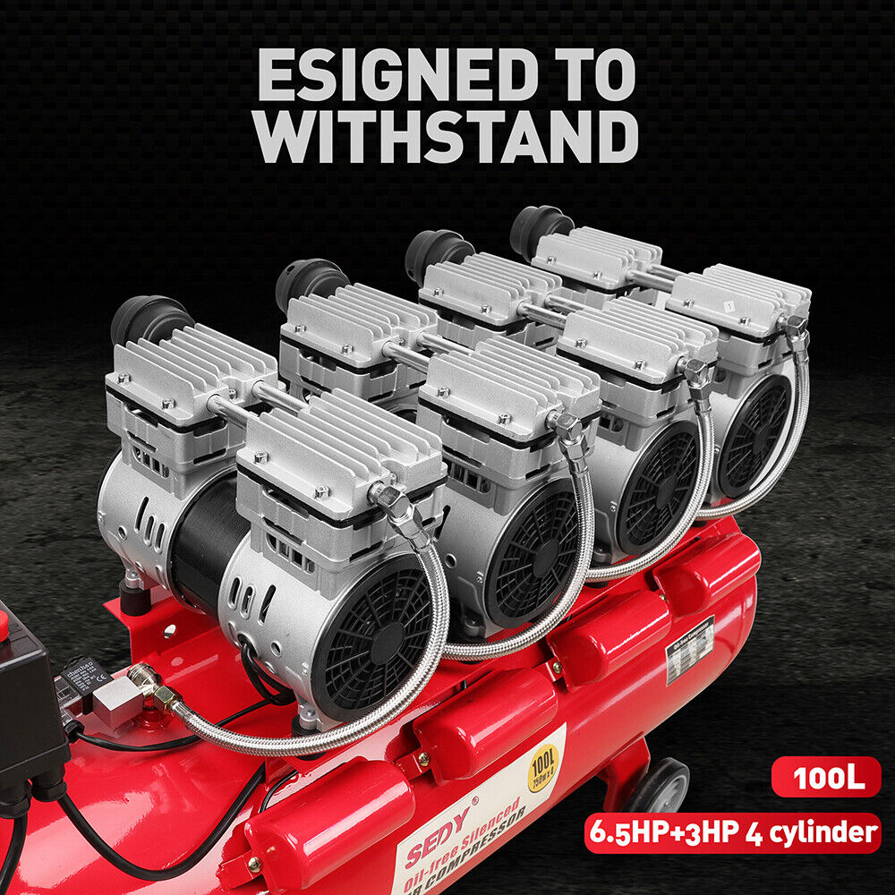 SEDY 100L Oil-Free Silent Air Compressor with Dual Twin-Cylinder Motors and Quiet Vortex Technology
