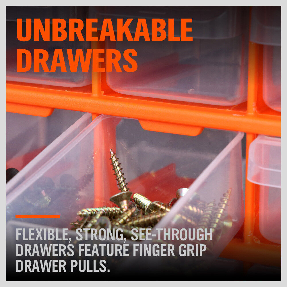 60-drawer organizer set enables wall, stack or floor installation with durable, transparent build for functionally arranging huge volumes of tools, industrial parts and job site supplies.