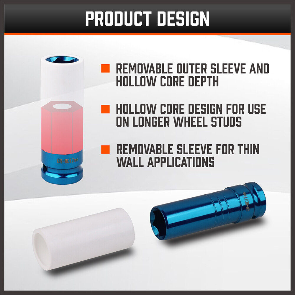 HORUSDY 5-Piece Impact Socket Set - Includes 15, 17, 19, 21, 22mm Sockets with 1/2 Inch Drive and Protective Nylon Sleeves for Alloy Wheels, in Color-Coded Design