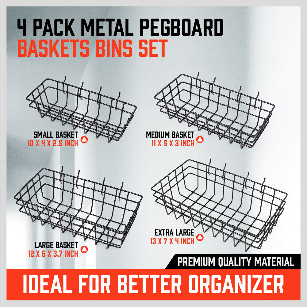 Set of 4 Pegboard Baskets in various sizes (S, M, L, XL), crafted from durable hardened steel with a chrome finish, offering strength, rust, and corrosion resistance. These baskets are designed for use with 1/8, 3/16, or 1/4 inch pegboards, ideal for organizing tools, paint brushes, extension cords, and sports equipment in garages, workshops, kitchens, and more