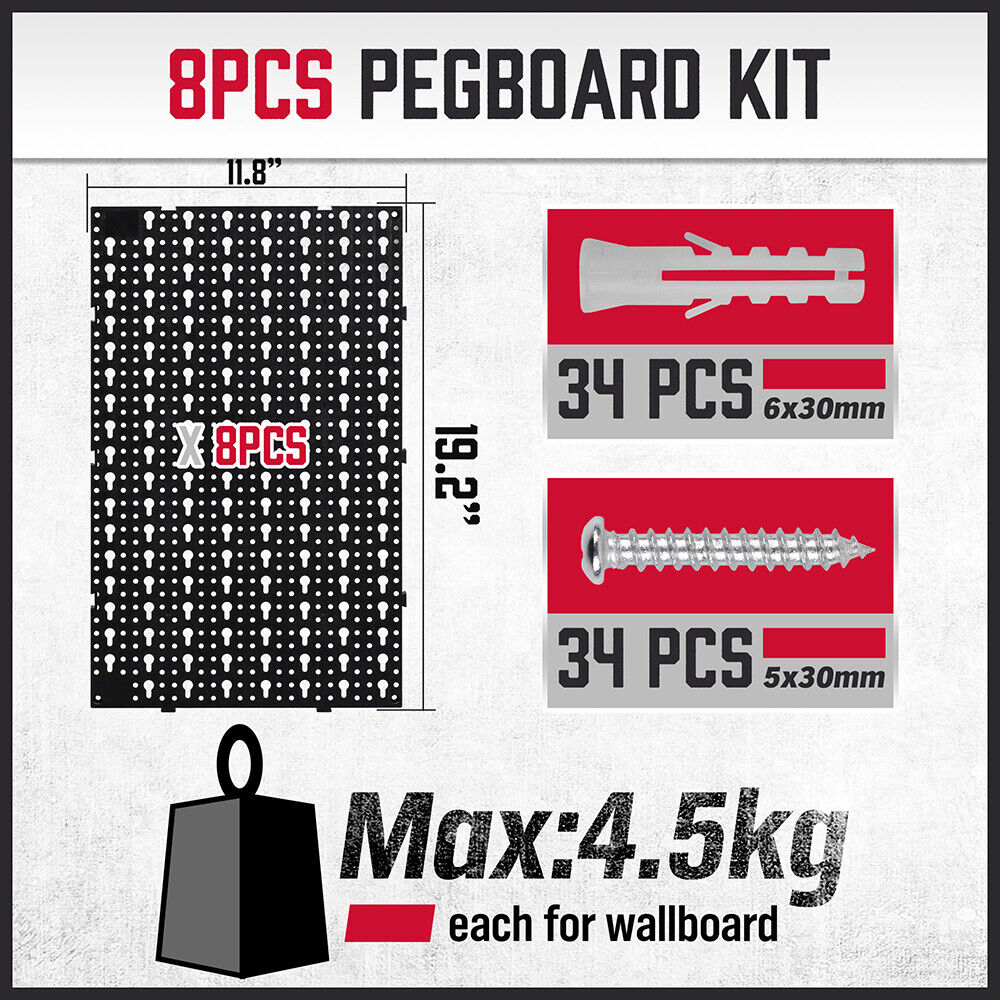 HORUSDY 8-Piece Pegboard Kit with 81 Hooks for Garage Wall Organization, Heavy-Duty Multi-Size Hook Set