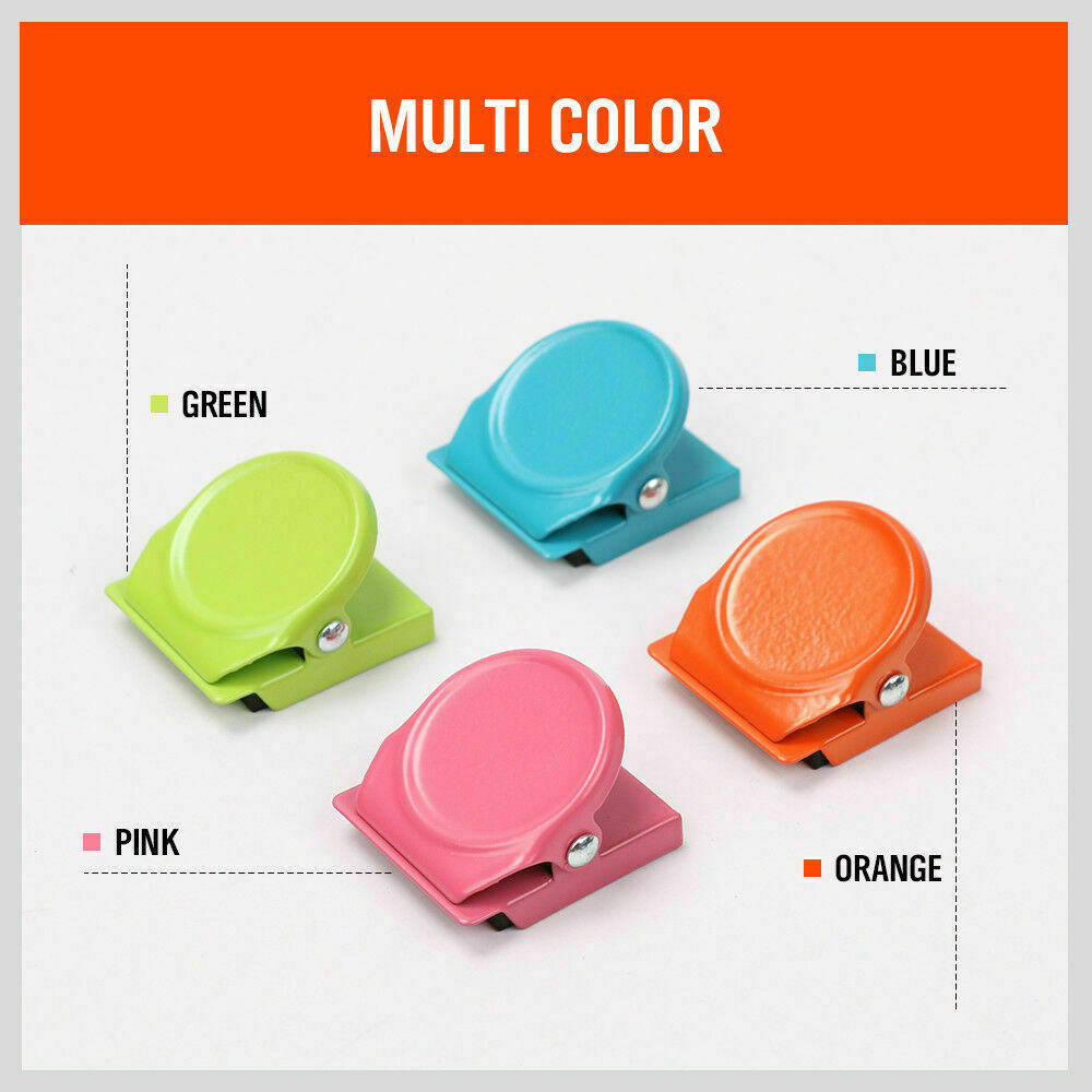 Colorful set of 16 magnetic spring clamps in green, pink, orange, and blue, perfect for holding notes on refrigerators or metal surfaces