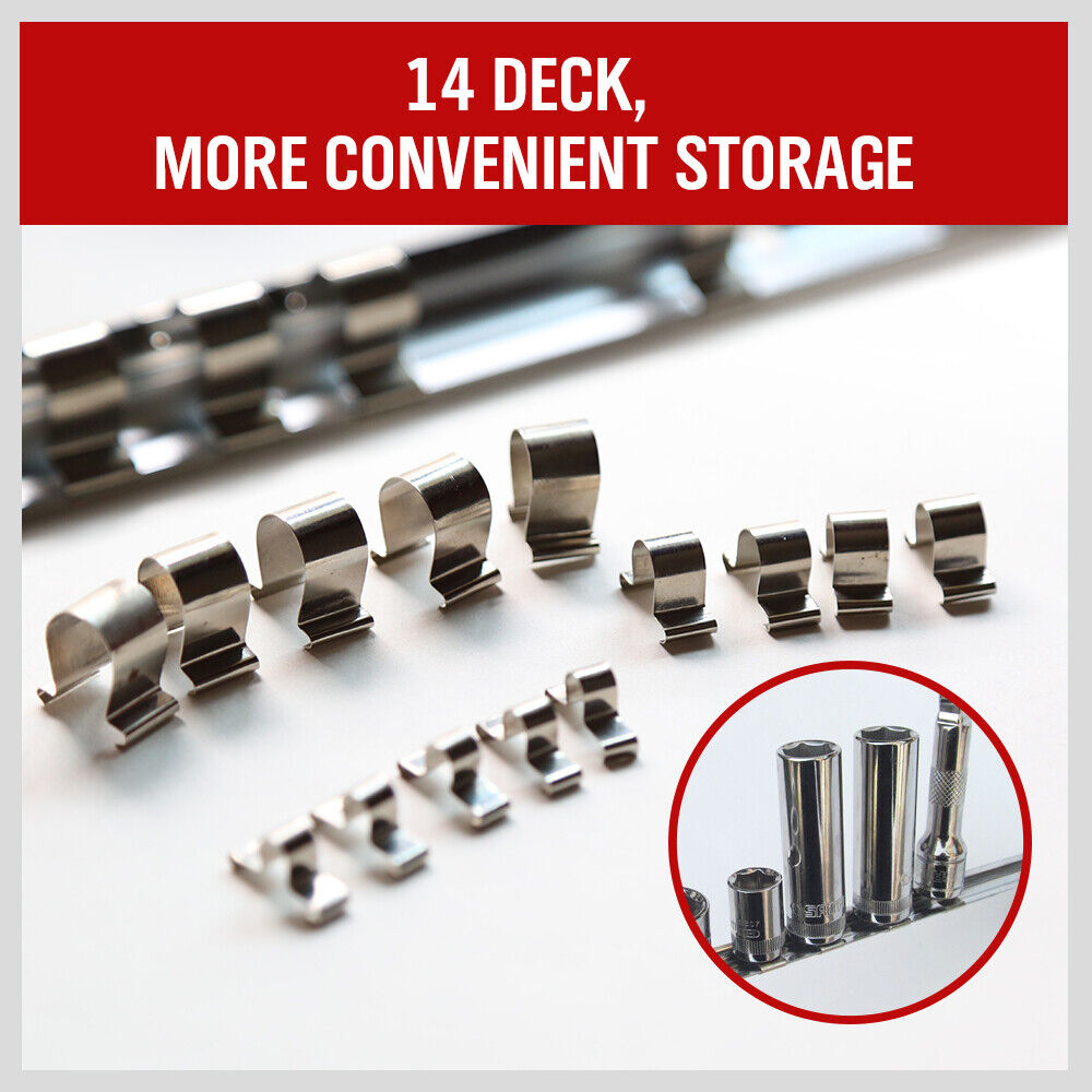 Durable 3-piece universal socket holder rail set for 1/4", 3/8", and 1/2" drive sockets.