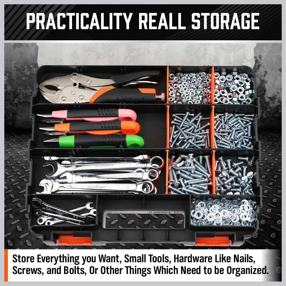 HORUSDY Double-Sided Tool Box with 34 Compartments, Removable Dividers, and Durable Impact-Resistant Design