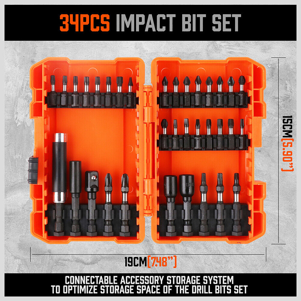 Comprehensive 34Pc Impact Screwdriver and Nut Driver Bit Set with Quick Release