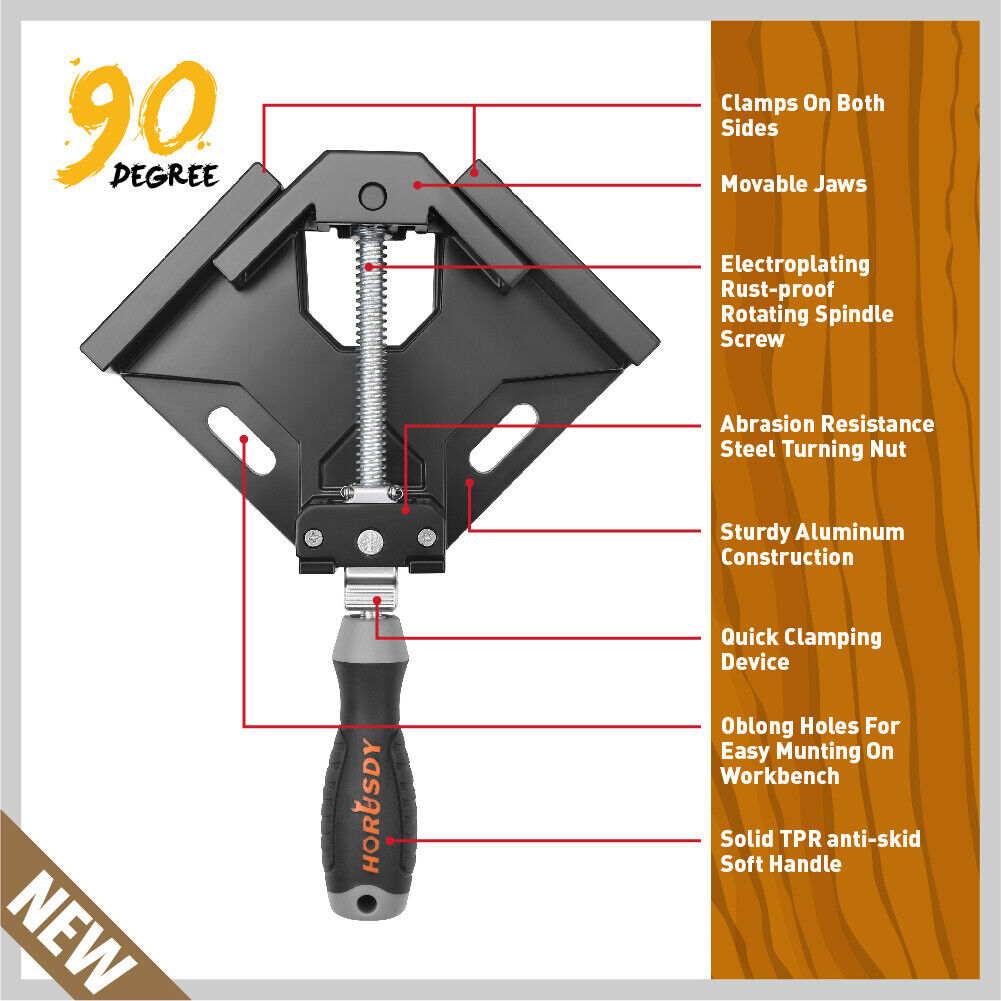 Durable aluminum alloy 90-degree corner clamps with quick-release adjustable jaws.