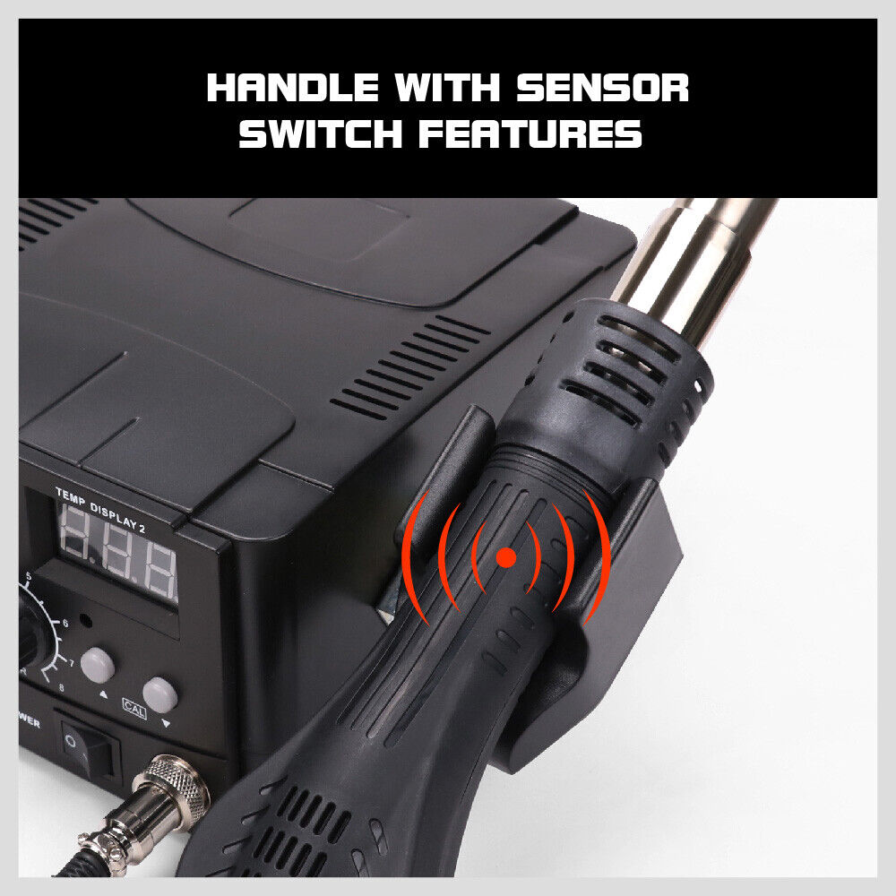Professional 2-in-1 soldering and desoldering station equipped with a precision hot air gun and soldering iron, featuring dual digital LCD displays for accurate temperature control