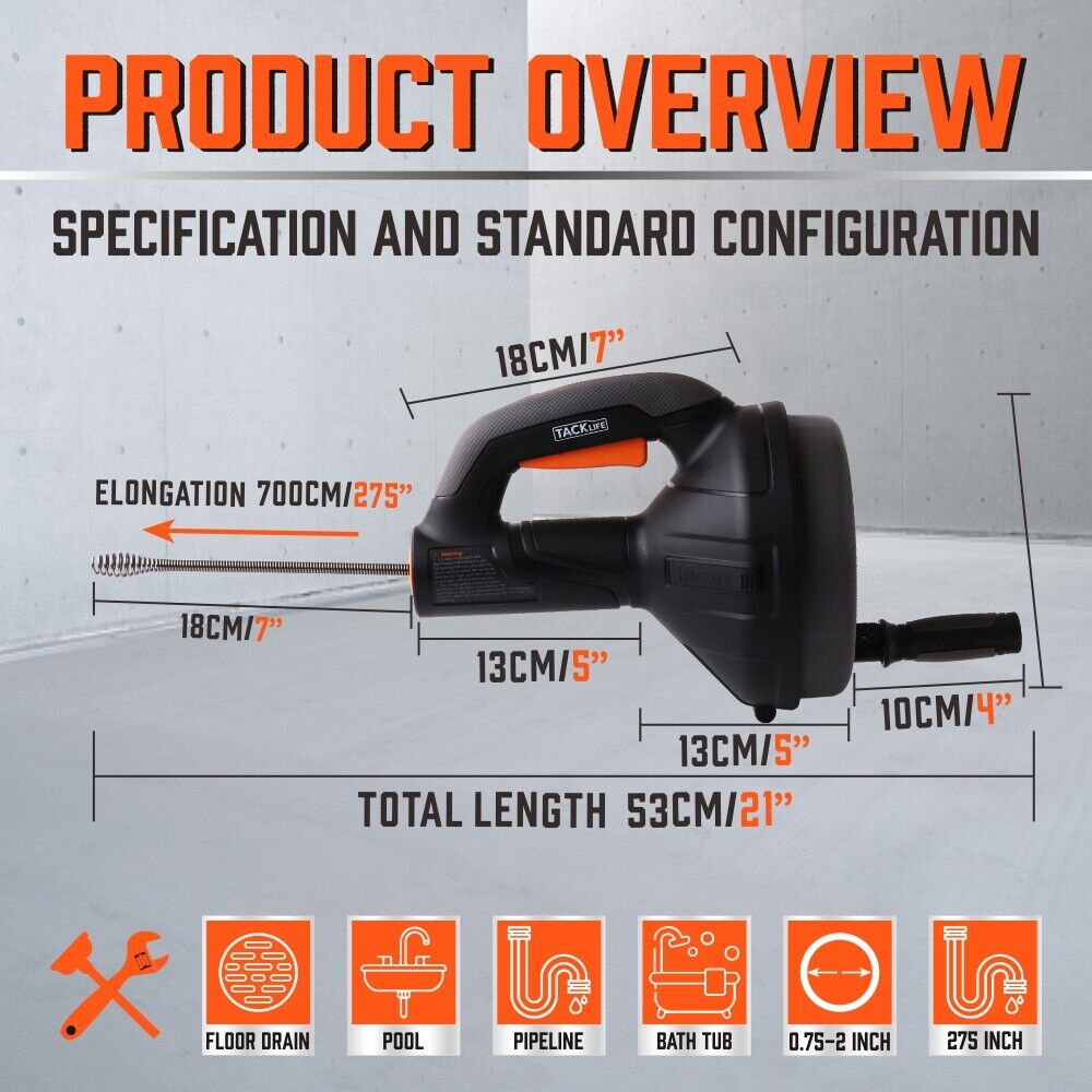 Efficient Drain Auger Drain Cleaner Unblocker - 7m Cable for Kitchen, Bathroom Sinks, Bathtubs, Showers, and Pipes