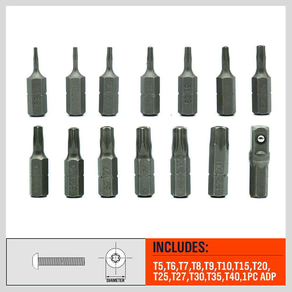 Durable 14-Piece Torx Key Bit Set Ranging from T5 to T40 with Drill Adapter and Holders