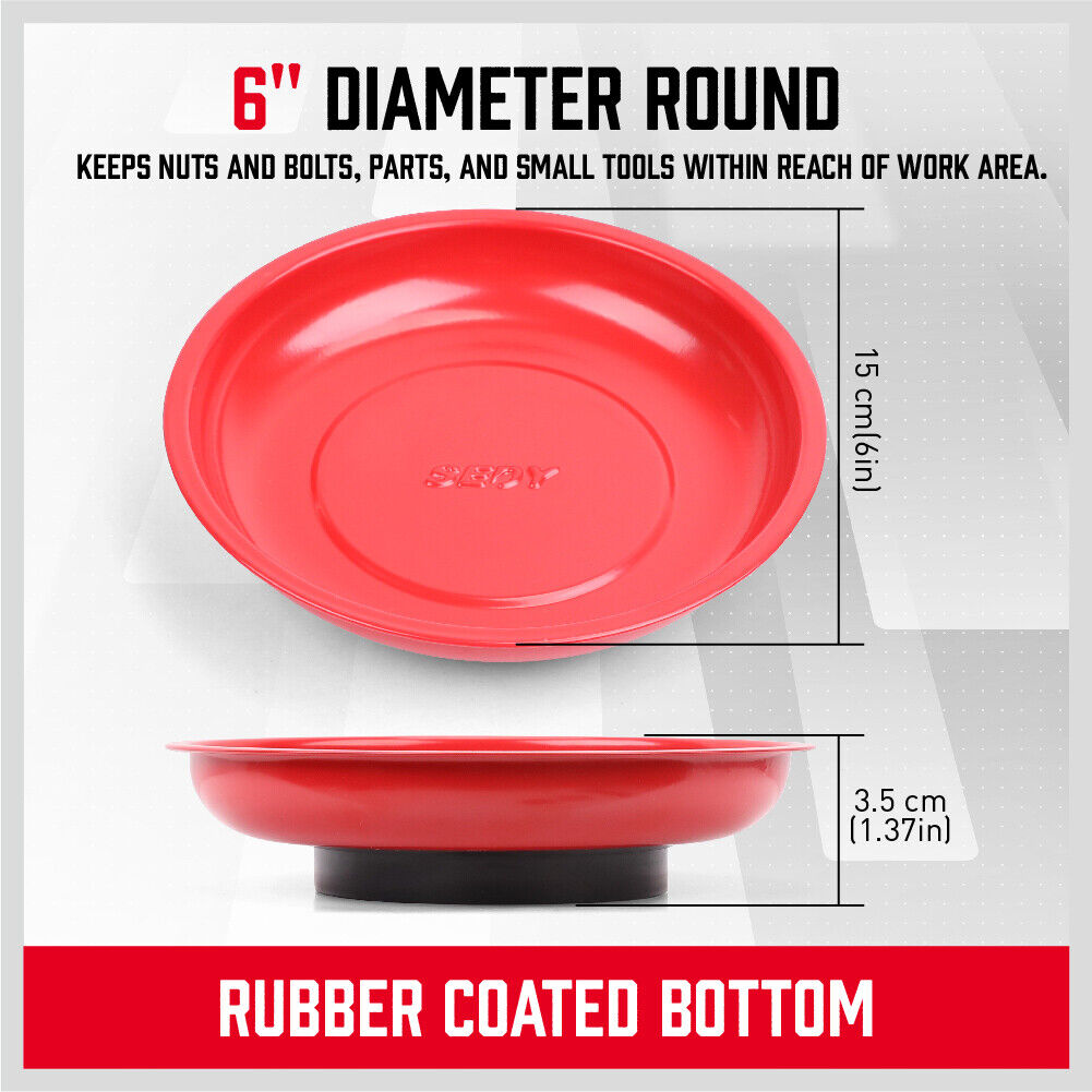 Four-piece Magnetic Parts Holder Set featuring a wristband and three trays in different sizes and shapes. Includes one mini rectangular tray, one large round bowl, and one large rectangular tray, all made of solid stainless steel with strong magnets for secure tool holding