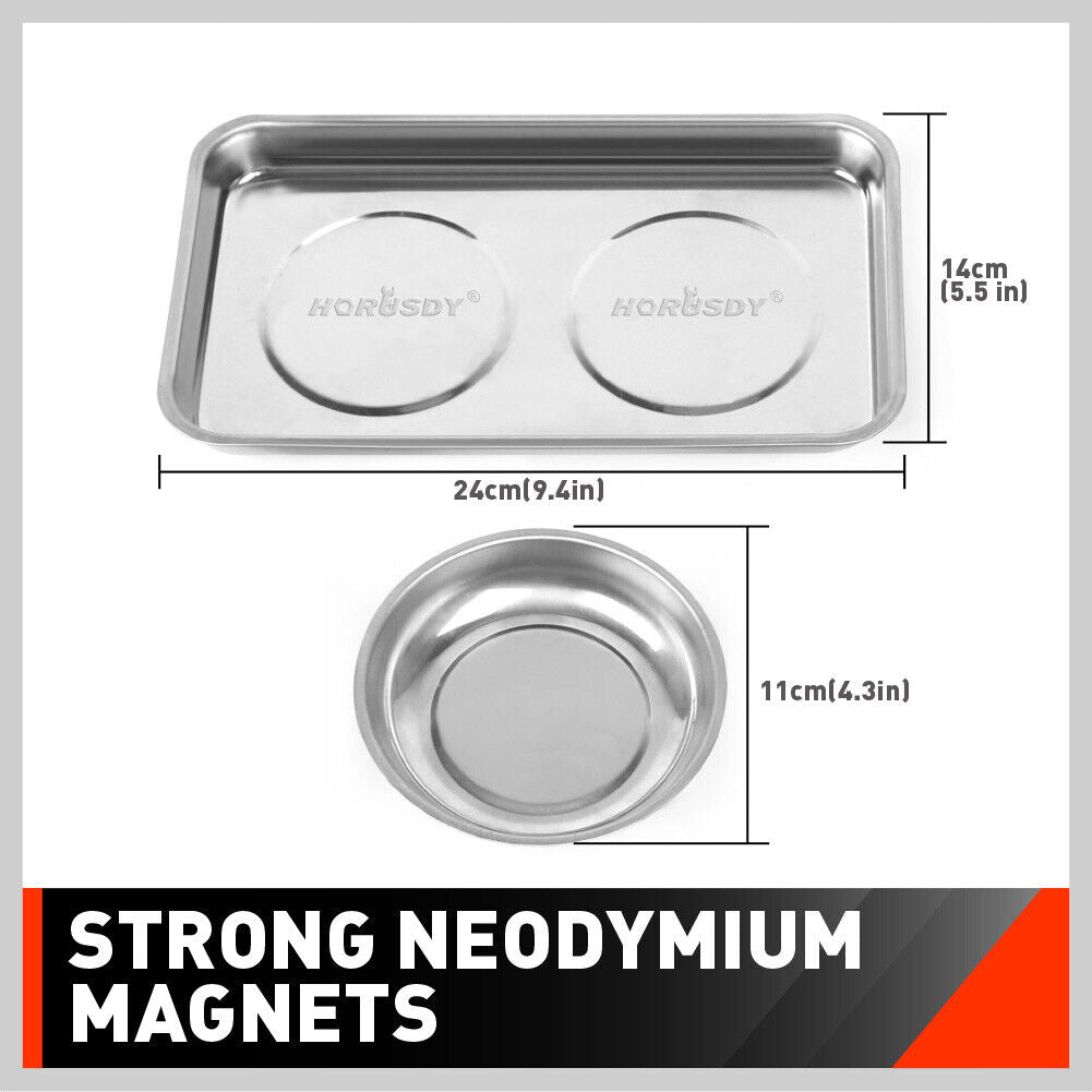 HORUSDY 4-Piece Magnetic Tool Tray and Bowl Set in Stainless Steel - Perfect for Holding Parts and Tools during Automotive Repairs