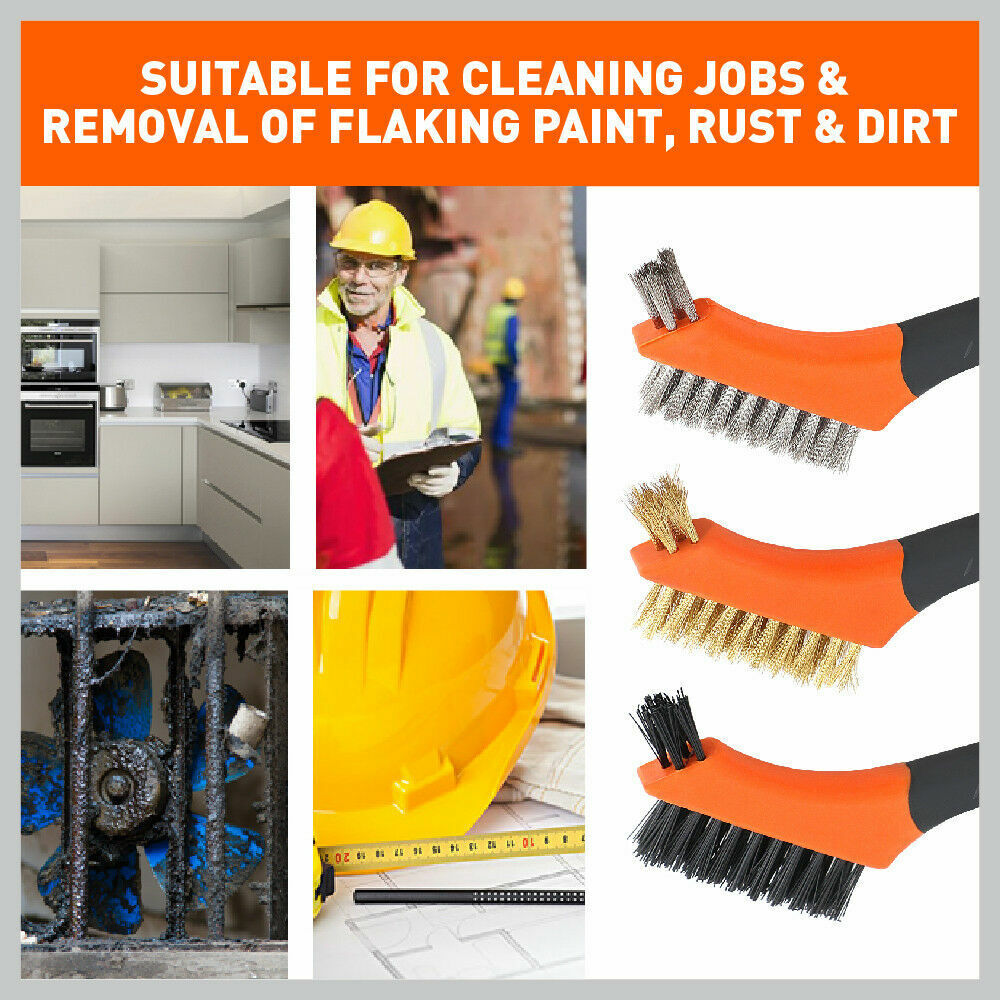 Durable 3-piece wire brush set with brass, stainless steel, and nylon brushes, each 170mm long, perfect for cleaning and polishing various surfaces.