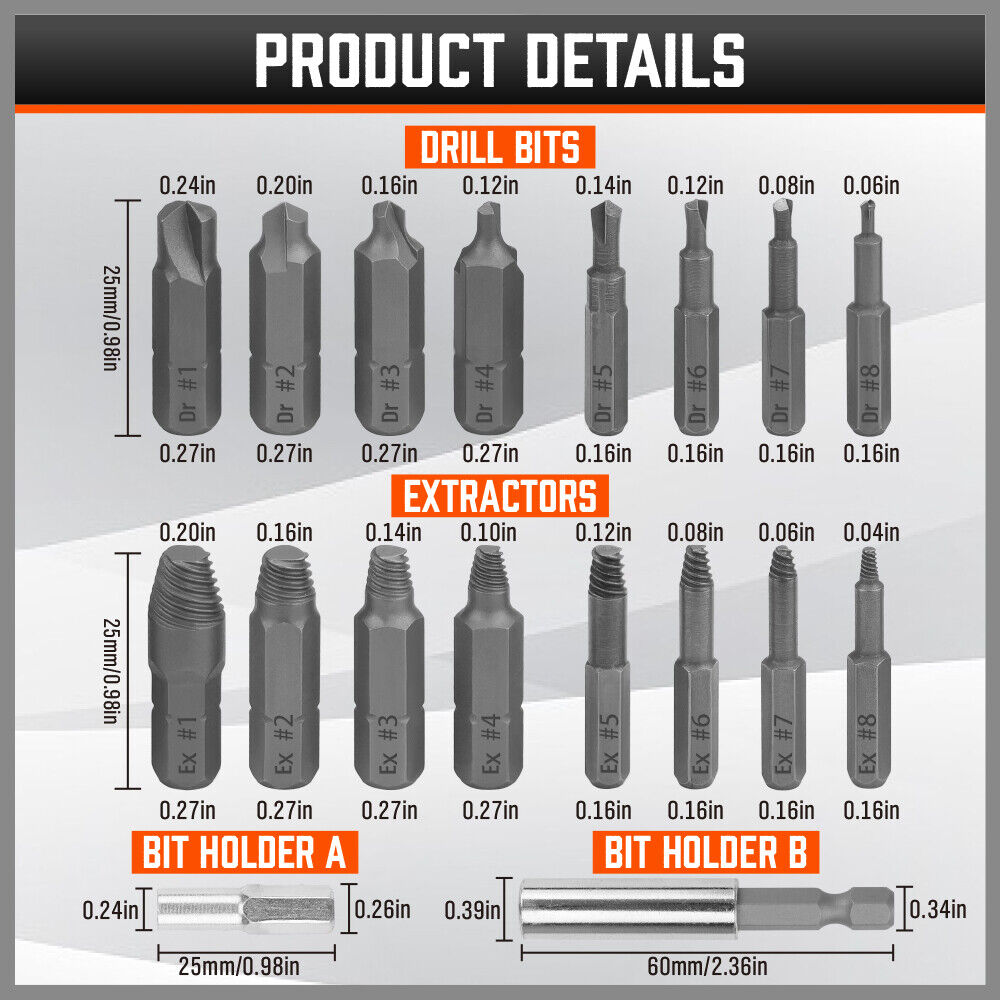 HORUSDY 18-Piece Magnetic Damaged Screw Extractor Set with Various Sized Drill Bits and Bit Holders, High Hardness CR-V Steel for Efficient Bolt Removal