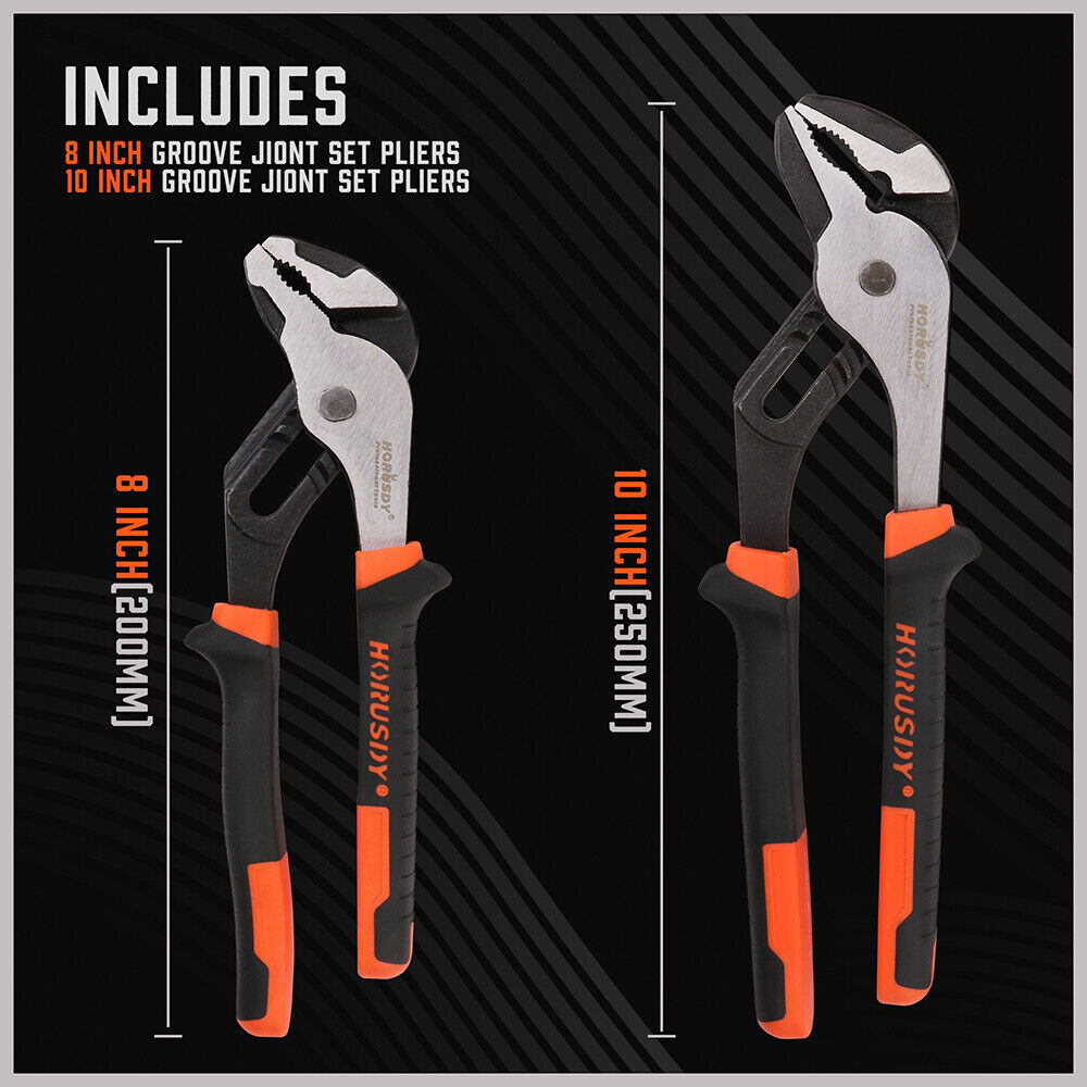 Two-piece set of Groove Joint Pliers featuring 8-inch and 10-inch sizes with non-slip heavy-duty grip.