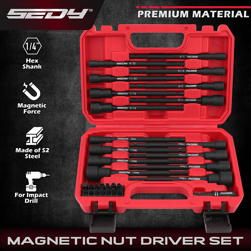 HORUSDY 31Pc Magnetic Nut Driver Set with Long Reach Hex Shank and Durable S2 Steel Construction for Efficient Drilling and Fastening