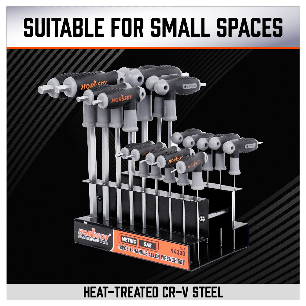 Premium T-Handle Allen Wrench Set - Versatile 2-way use. Comfortable grip. Ball end for tight spaces. Wall-mountable.