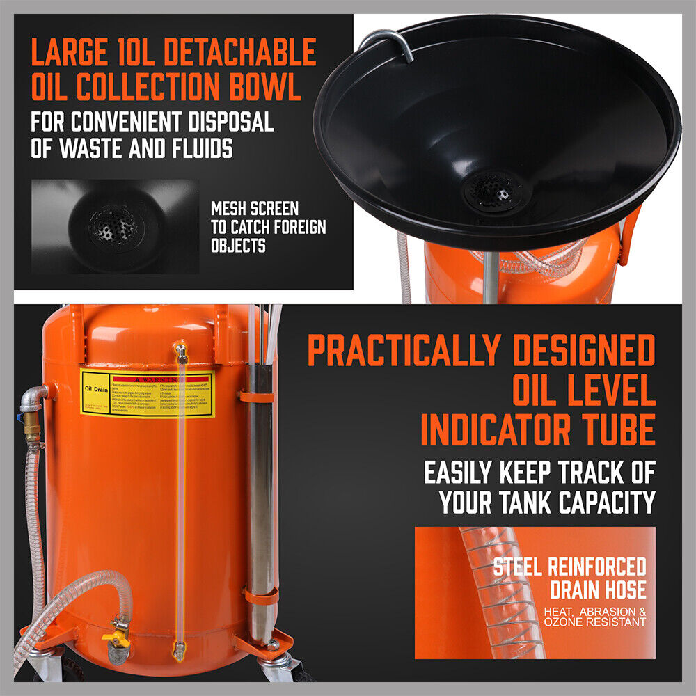 HORUSDY 80L Pneumatic Waste Oil Drainer with Extractor Hose, 98-140cm Adjustable Height, 10L Collection Pan, for Efficient Workshop Fluid Management