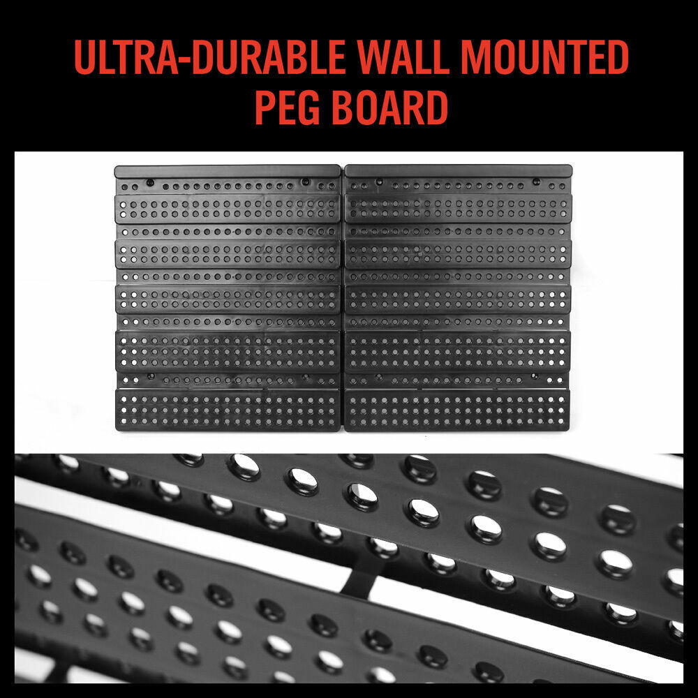 Wall-mounted storage bins rack with 30 durable bins in various colors for organized workshop and garage storage.