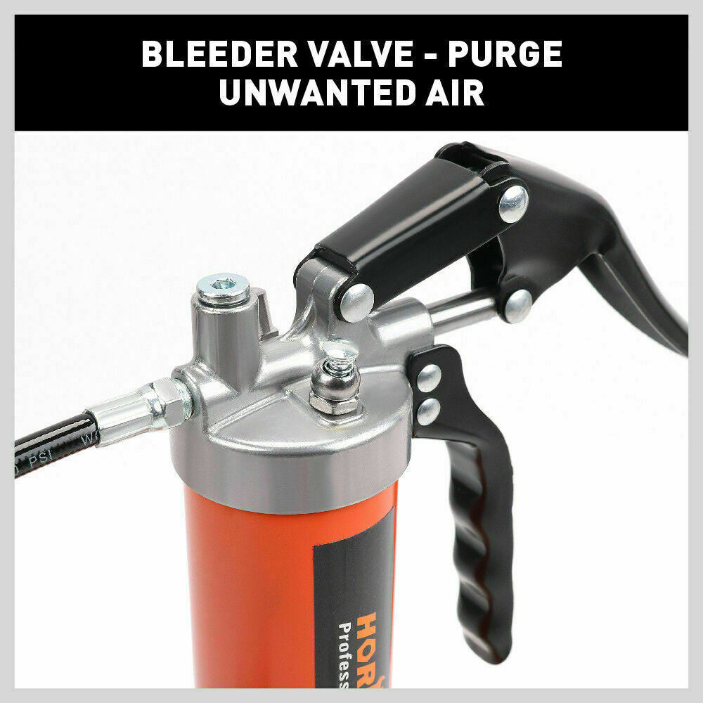 Manual 18-inch grease gun with a comfortable pistol grip lever, chrome-plated for durability, including a flexible hose and coupler with 4500PSI pressure