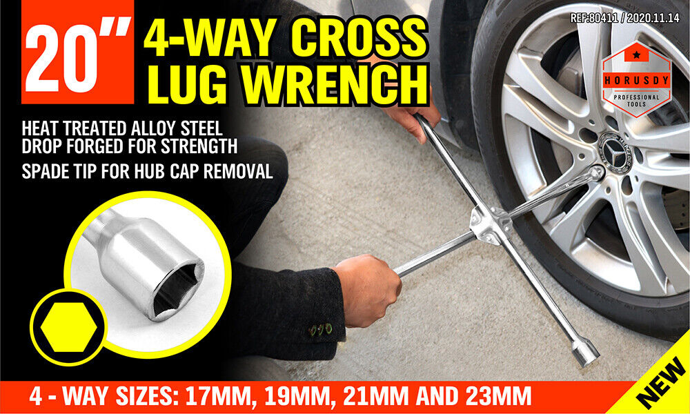Heavy-Duty 20-Inch 4-Way Cross Wheel Wrench with 17mm, 19mm, 21mm, 23mm Sockets