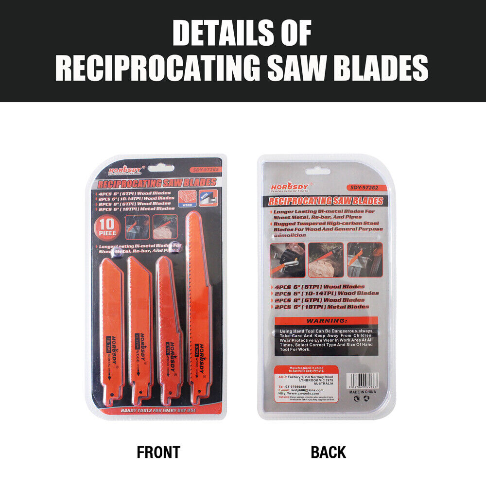 Multi-Pack of 10 Reciprocating Saw Blades for Wood and Metal Demolition Cutting, Including Bi-Metal and High-Carbon Steel Blades