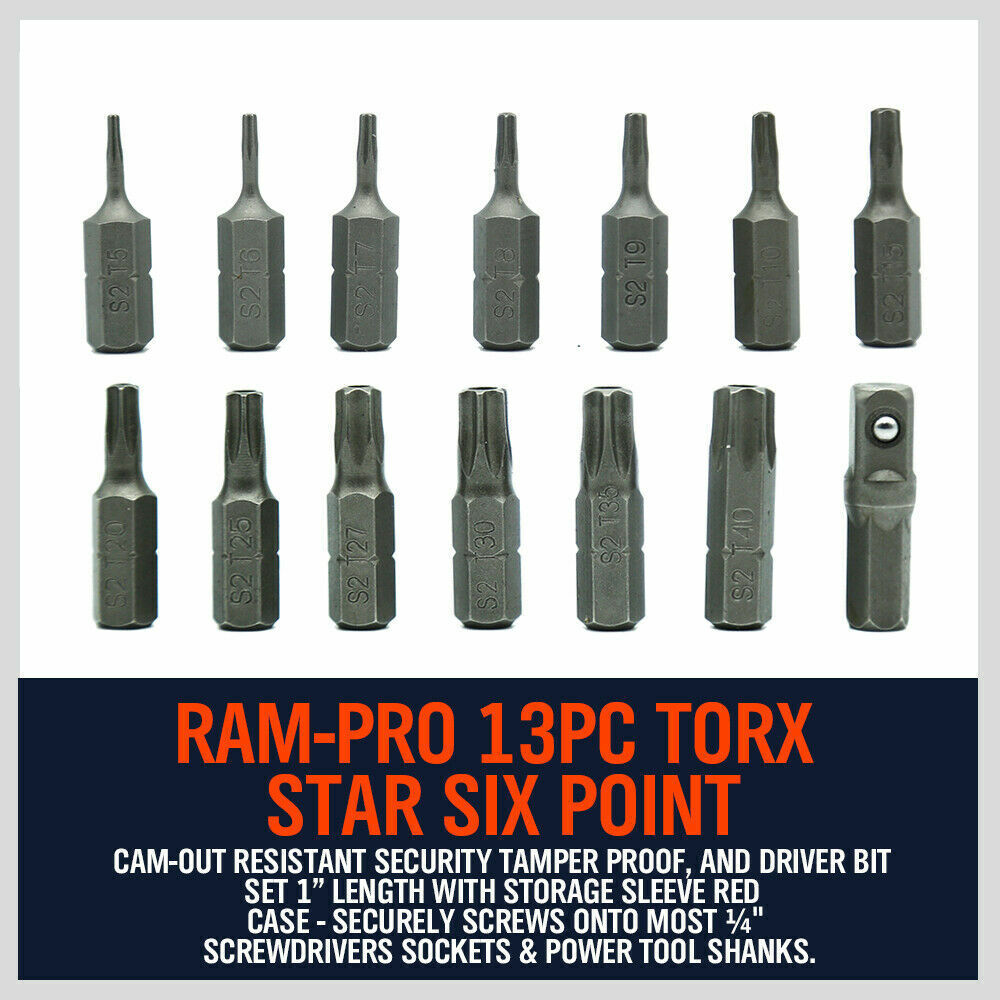 Durable 14-Piece Torx Key Bit Set Ranging from T5 to T40 with Drill Adapter and Holders