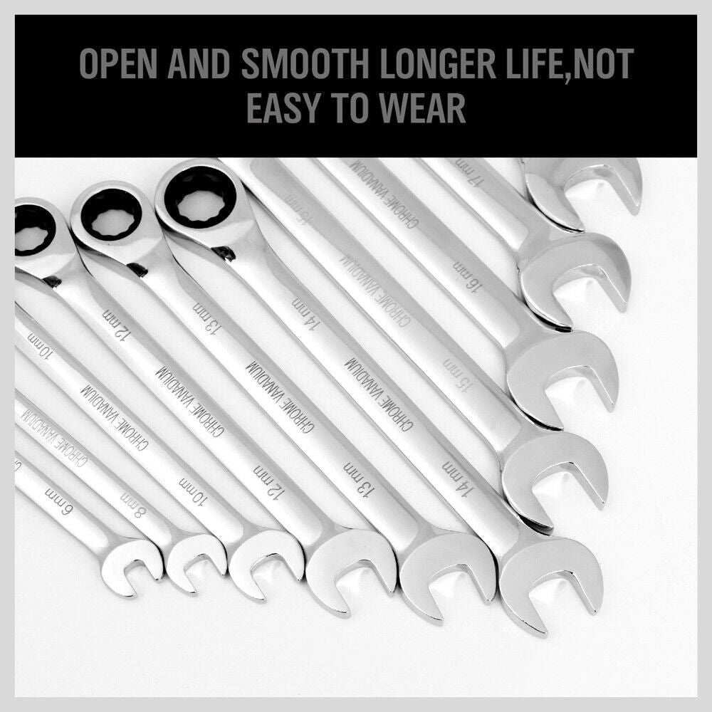 20-Piece Ratchet Spanner Set with Both Metric and Imperial Sizes, Chrome Vanadium Construction, Open End and Ring Wrenches