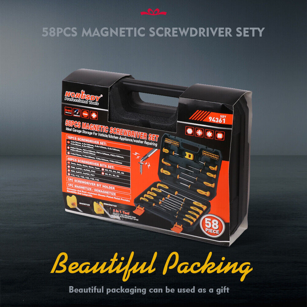 HORUSDY 58-Piece Magnetic Screwdriver Kit - Includes 16 Screwdrivers, Magnetizer, Demagnetizer, Screwdriver Holder, and 40 Replaceable Heads for Diverse Applications