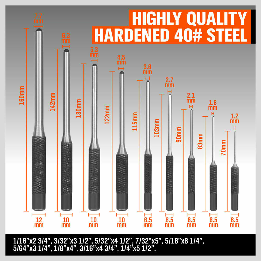 Durable 9-Piece Roll Pin Punch Set for Gunsmiths, Jewelers, and Carpenters - Includes Various Sized Punches and Canvas Pouch