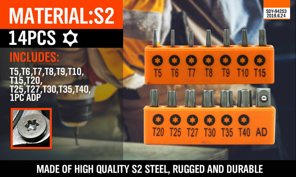 Durable 14-Piece Torx Key Bit Set Ranging from T5 to T40 with Drill Adapter and Holders