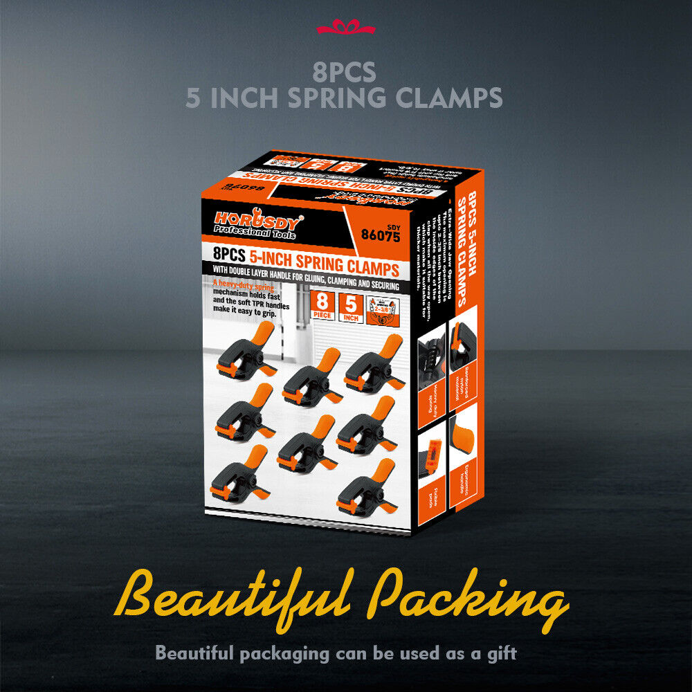 Set of 8 Heavy-Duty 5-Inch HORUSDY Rubber and Nylon Spring Clamps - Ergonomic Non-Slip Grip for Woodworking and DIY Projects