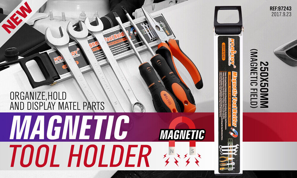 Strong Magnetic Tool Holder, sized 250mm x 50mm, suitable for storing kitchen knives, spoons, forks, or workshop tools. Features high-strength magnetic strips for wall mounting, offering a convenient and easy storage solution