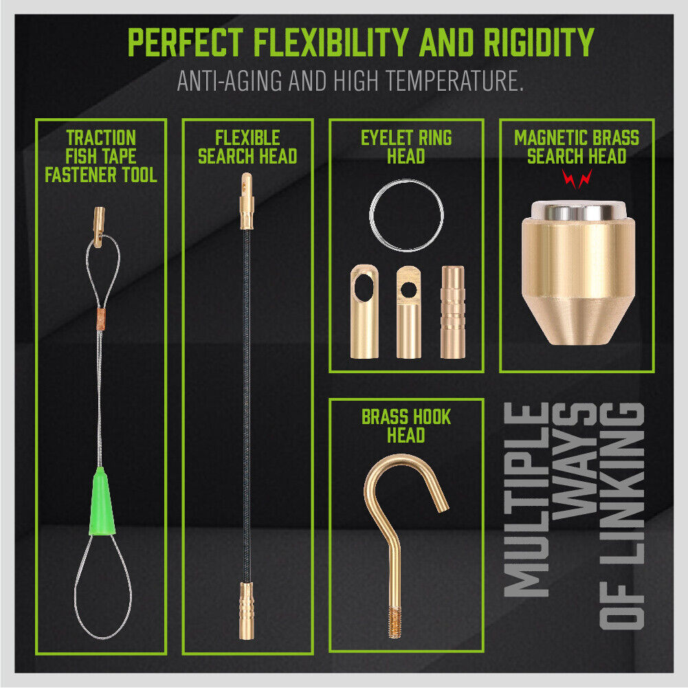 SWANLAKE 15-meter Fiberglass Push Pull Rods Set, featuring threaded brass connectors and various head attachments. Ideal for electricians and contractors for routing cables through walls, attics, and ceilings. Includes a flexible search head, eyelet heads, a brass hook head, and a magnetic head for versatile wiring applications