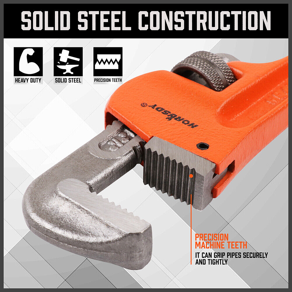 Set of four heavy-duty pipe wrenches in sizes 8, 10, 12, and 14 inches, featuring high-strength malleable cast iron handles and heavy forged steel heads for durability. The wrenches have sharp, precise teeth for a firm grip on pipes and comfortable plastic-wrapped handles for easy use.