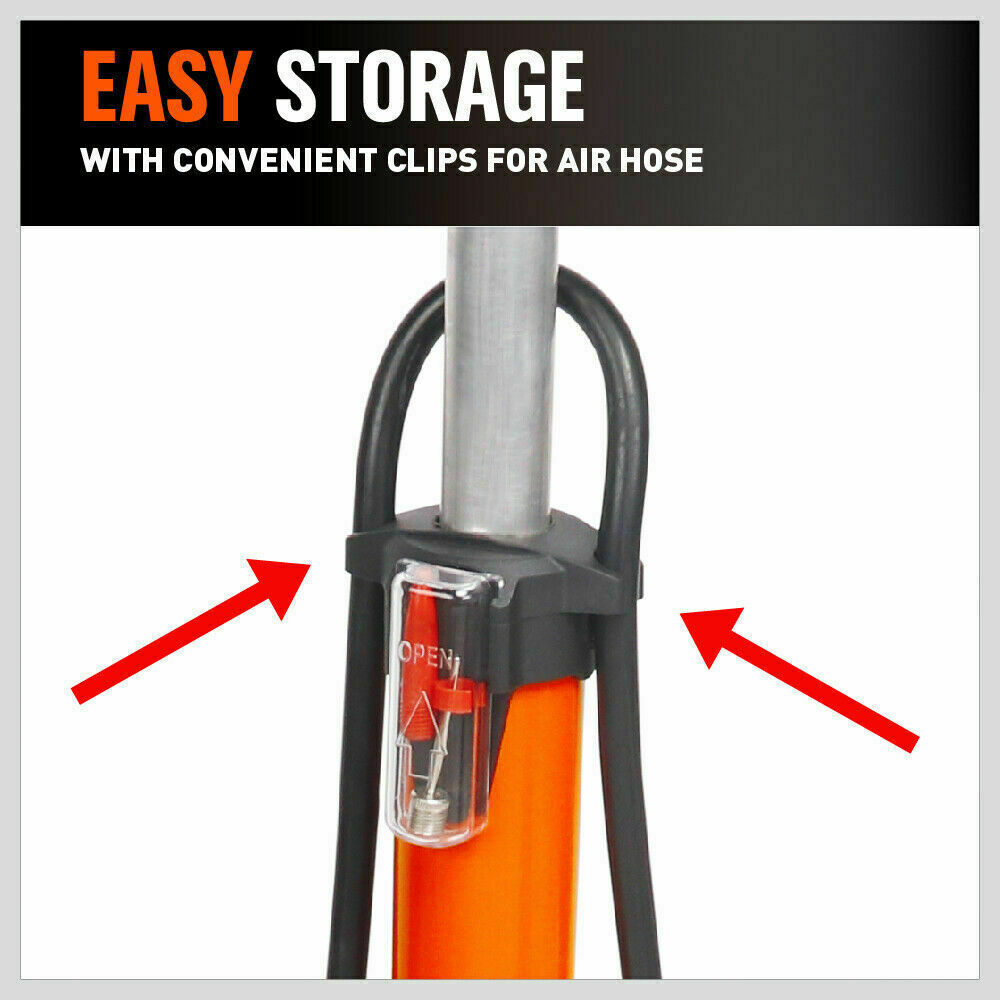 Durable High Pressure Bike Air Pump with Built-In Gauge - 160 PSI Capacity, Ergonomic Handle, Extra Long Hose, Includes Nozzles