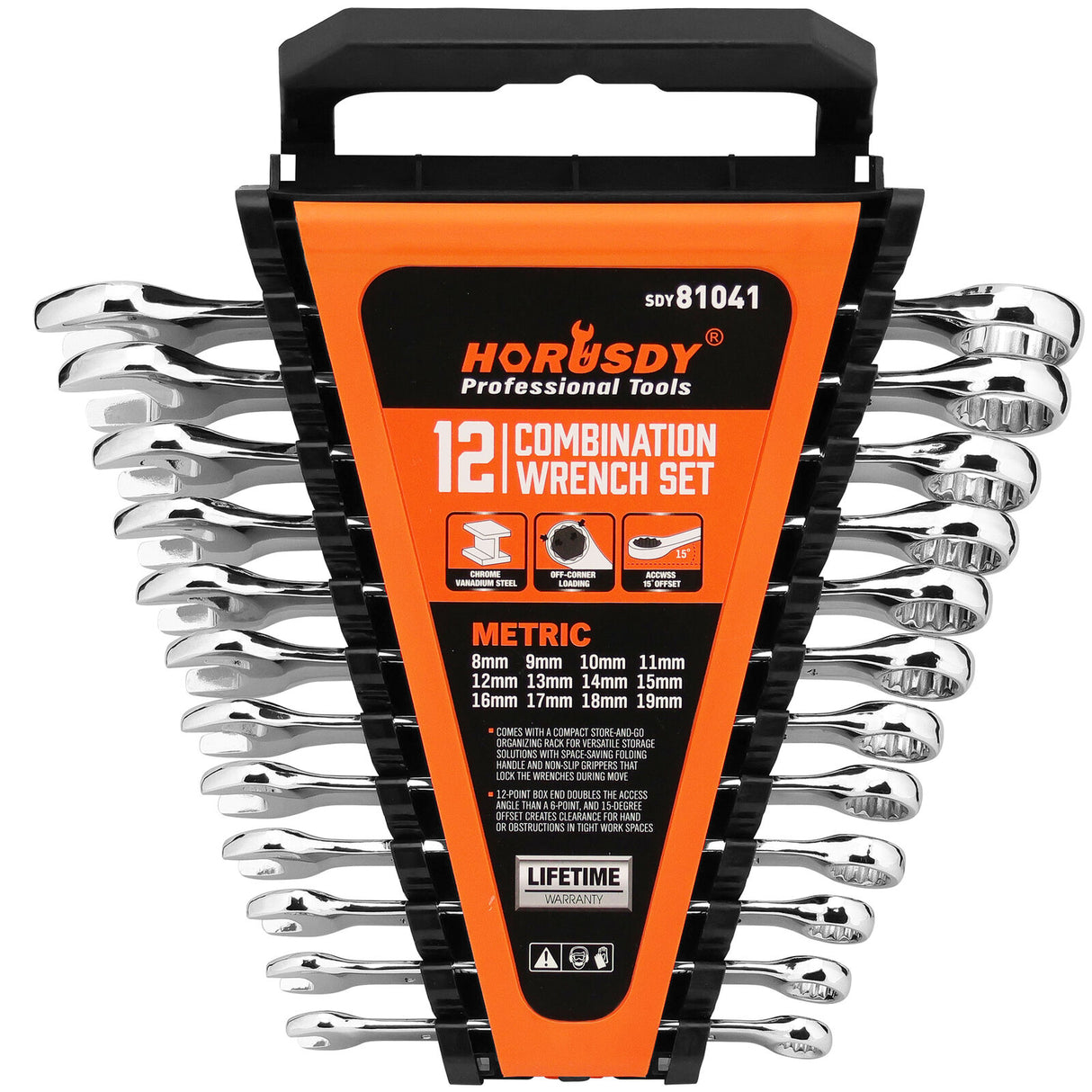 HORUSDY 12-Piece Metric Spanner Set, Chrome-Plated, Durable, Wear-Resistant, 8-19mm, Open & Ring Ended Wrenches, with Convenient Storage Clip