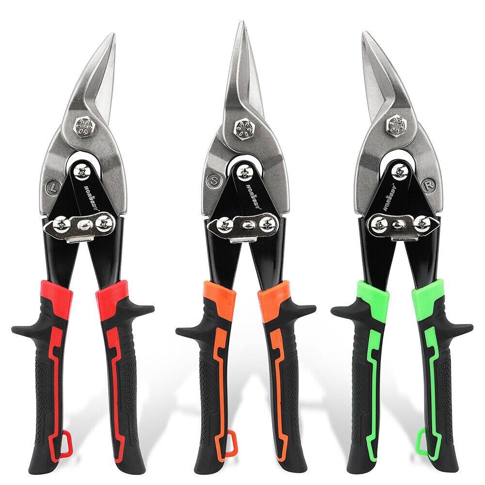 HORUSDY 250mm Aviation Tin Snips Set with Left, Right, and Straight Cutters, featuring High-Leverage, Serrated-Edge Blades for Metal and Steel Sheet Cutting