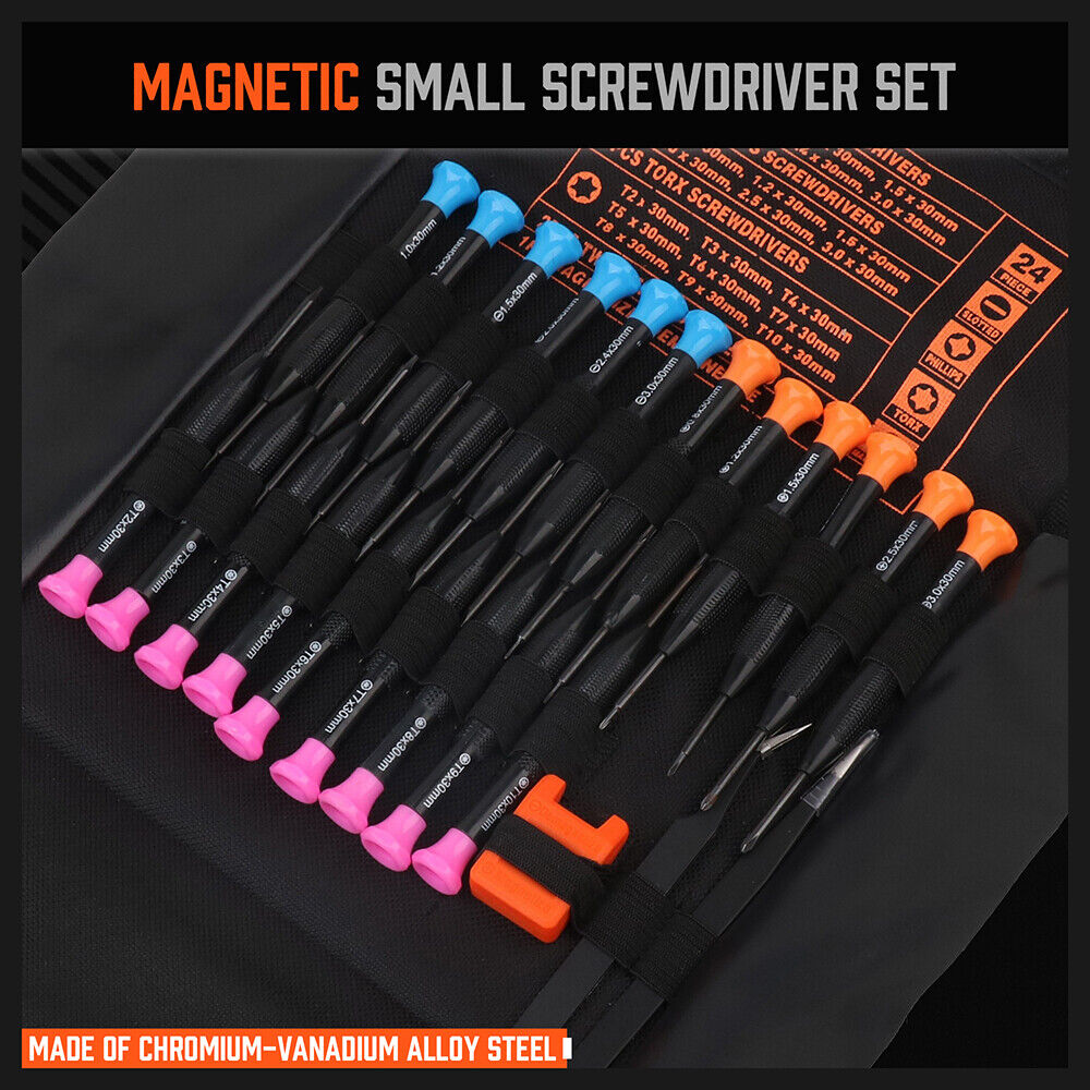 A comprehensive precision screwdriver set made of hardened steel with magnetic tips, non-slip handles and slotted, Phillips and Torx tools for intricate electronics repair.