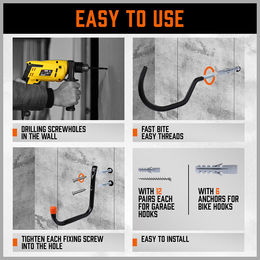 Robust 12-Piece Steel Wall Mount Hook Set for Organizing Tools, Sports Equipment in Garages and Sheds