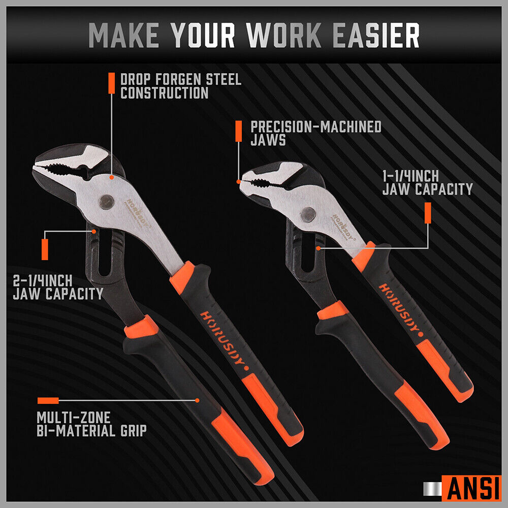 Two-piece set of Groove Joint Pliers featuring 8-inch and 10-inch sizes with non-slip heavy-duty grip.
