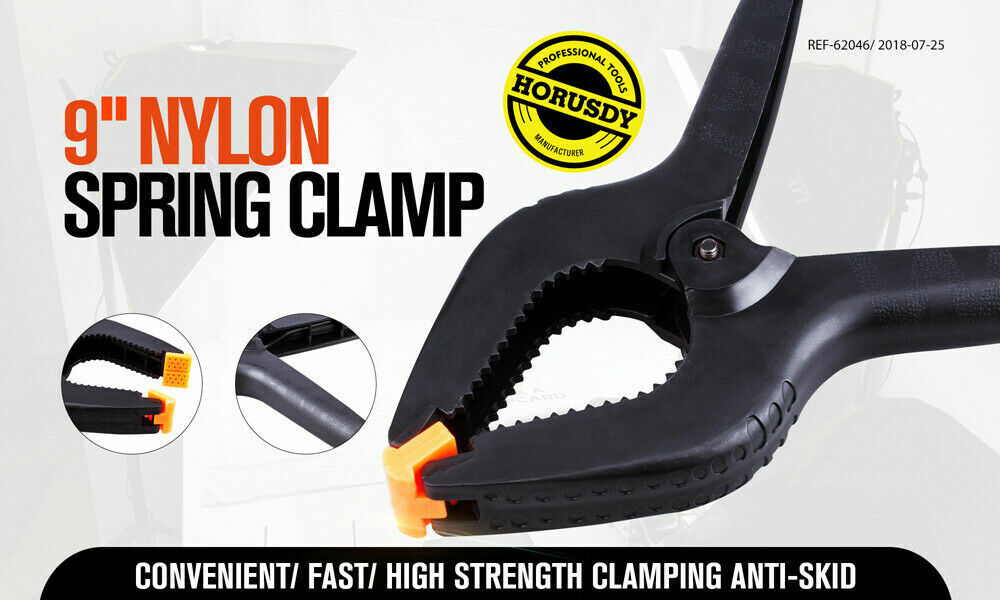 Four-piece set of 9-inch black heavy-duty nylon spring clamps, showcasing their strong, quick grip design and large size, suitable for a variety of clamping tasks