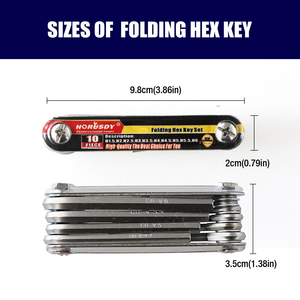 10-piece metric folding hex key set in a pocket-sized aluminum holder. Hardened chrome vanadium steel keys range from H1.5 to H6. For professionals and DIYers.