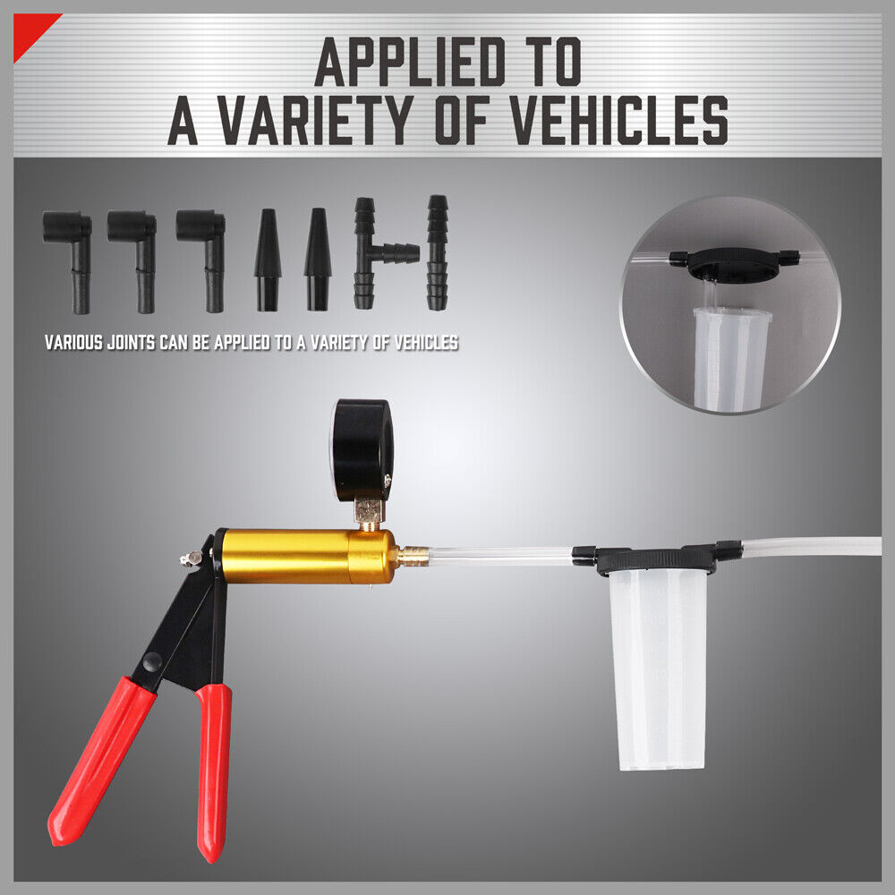 HORUSDY Hand Held Vacuum Pump and Brake Bleeder Kit, featuring Pressure Tester, Vacuum Gauge, and Multiple Adapters for Car and Motorcycle Brake Systems, with 120ML Capacity and Durable Design