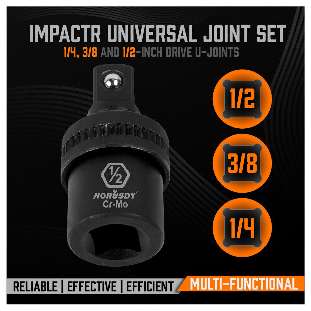 Image of the 3Pc Swivel Impact Socket Adapter Set, showcasing the 1/2", 3/8", and 1/4" adapters made from heat-treated black chrome molybdenum steel, with full 360-degree swivel motion and spring-loaded ball mechanism.