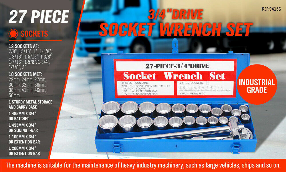 Comprehensive 27-piece heavy-duty socket and wrench set with 3/4" drive in both metric and imperial sizes, including ratchet, sliding T-bar, and extension bars in a durable steel case.