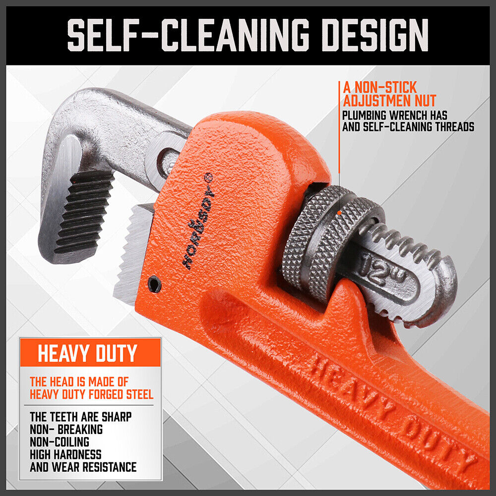 Set of four heavy-duty pipe wrenches in sizes 8, 10, 12, and 14 inches, featuring high-strength malleable cast iron handles and heavy forged steel heads for durability. The wrenches have sharp, precise teeth for a firm grip on pipes and comfortable plastic-wrapped handles for easy use.