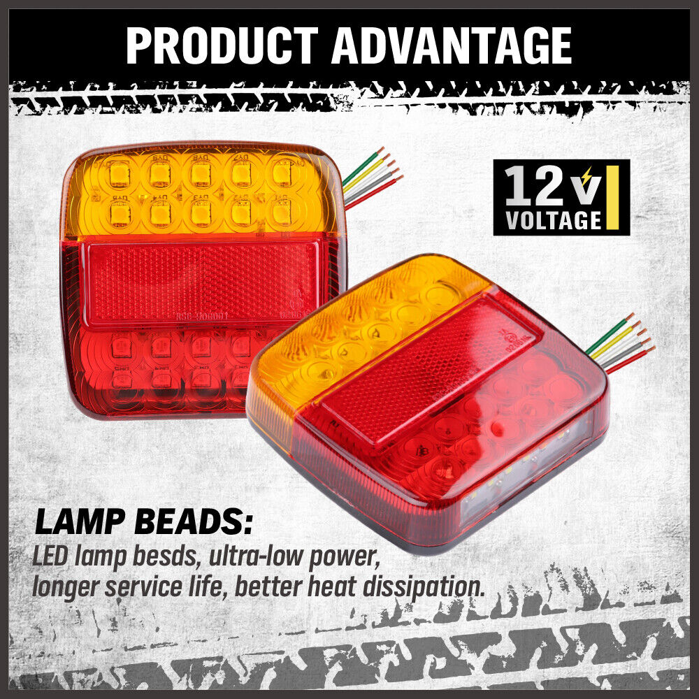 HORUSDY 12 LED Trailer Tail Light Kit, 100x100x23mm, 12V with 8m 5-Core Cable and 7-Pin Plug, Waterproof, Ideal for Caravans and Utes